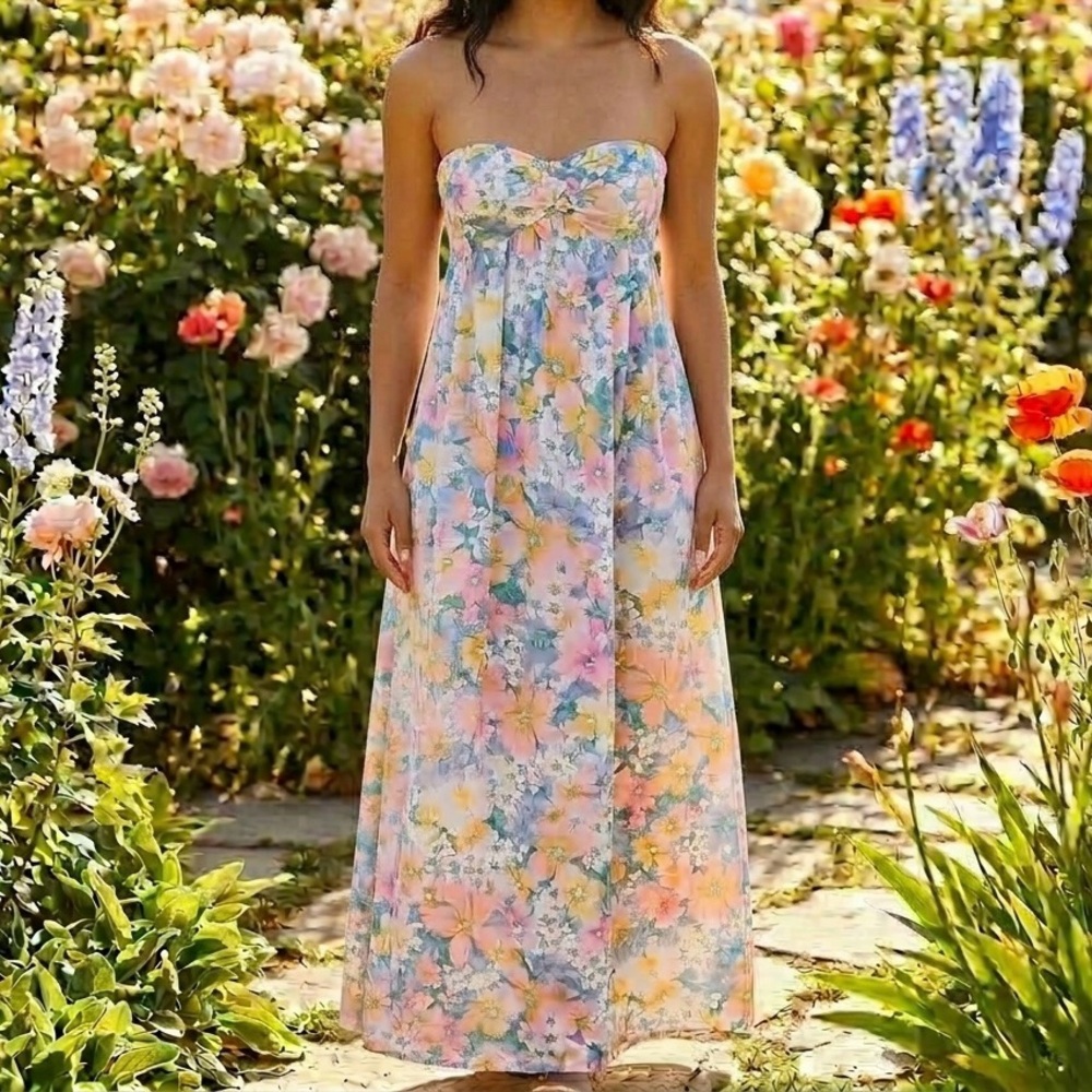 KORI Floral Strapless Maxi Dress Pastel Pink Blue Yellow Boho Summer Large EUC